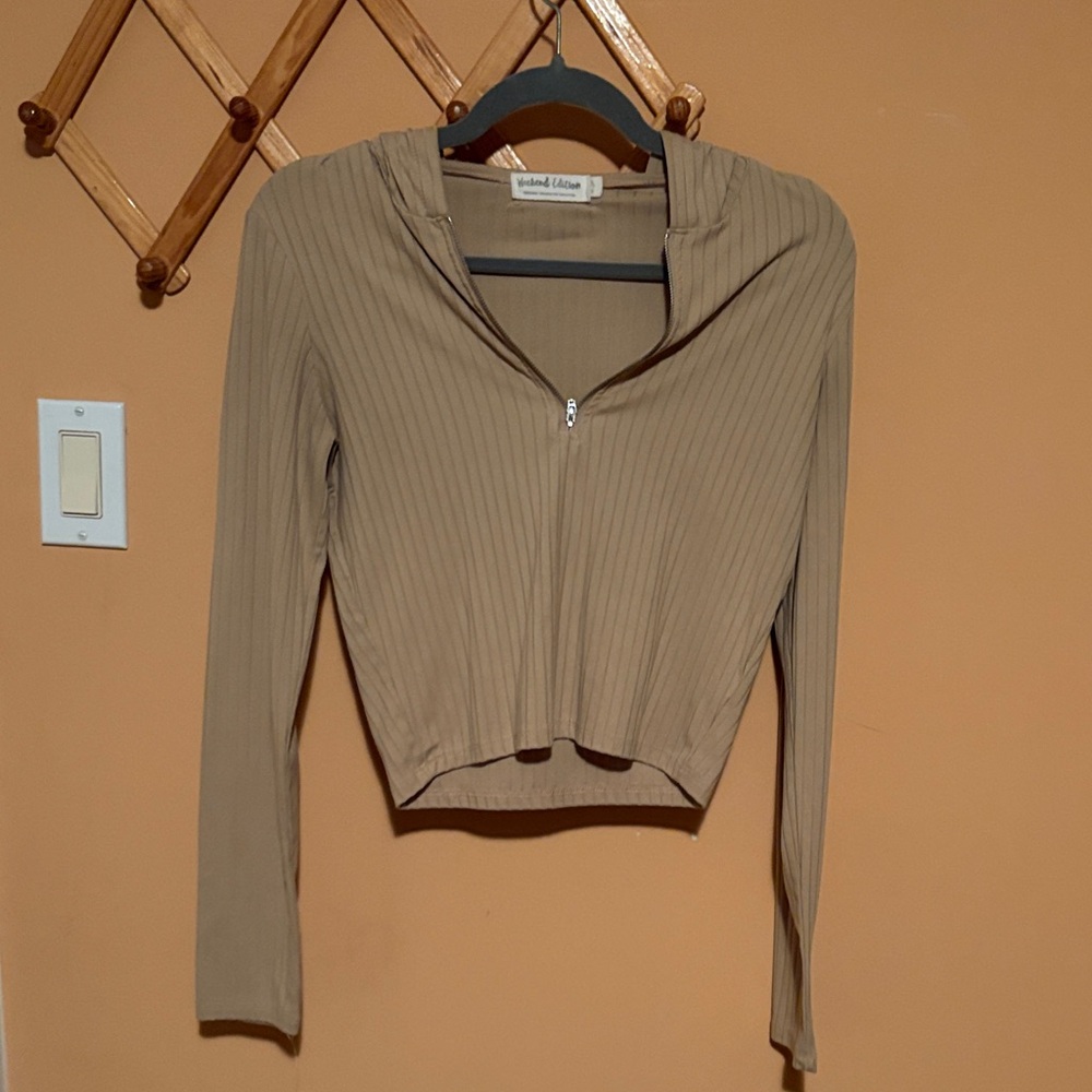 Windsor Ribbed Zip-Up Hoodie in Tan